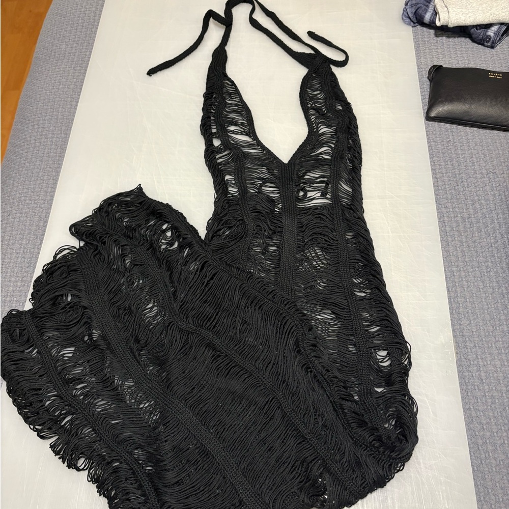 Lucy in the Sky Black Fringe Crochet Dress